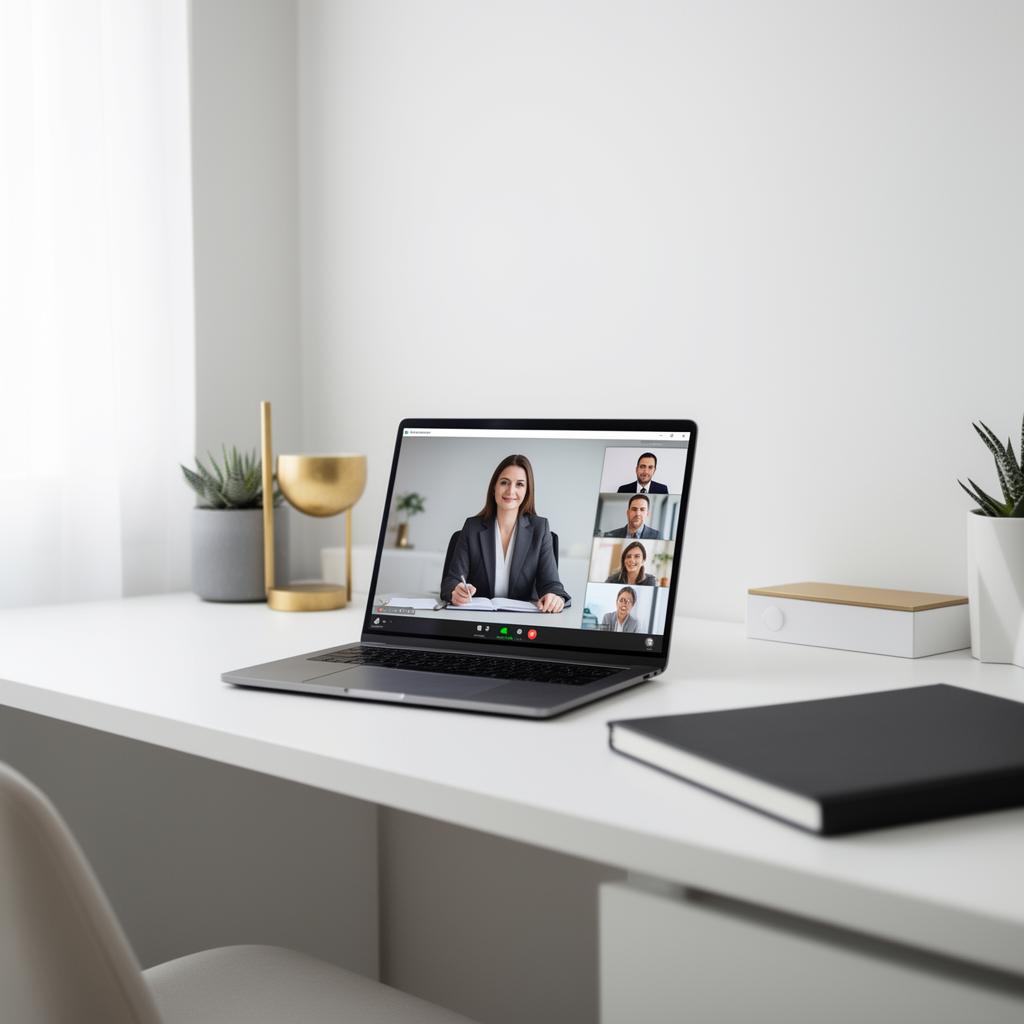Online legal consultation video call between a lawyer and a client from a modern home office